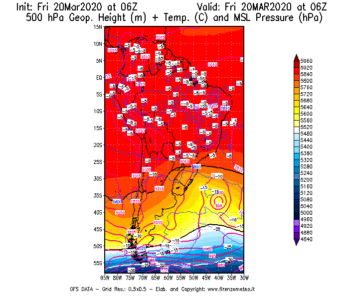 Mappa di analisi GFS - Geopotenziale [m] + Temp. [°C] a 500 hPa + Press. a livello del mare [hPa] in Sud-America
									del 20/03/2020 06 <!--googleoff: index-->UTC<!--googleon: index-->