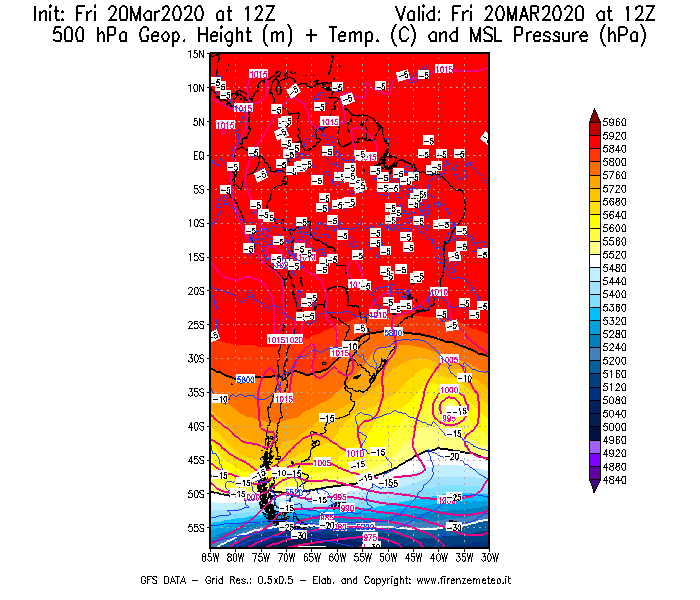 Mappa di analisi GFS - Geopotenziale [m] + Temp. [°C] a 500 hPa + Press. a livello del mare [hPa] in Sud-America
									del 20/03/2020 12 <!--googleoff: index-->UTC<!--googleon: index-->
