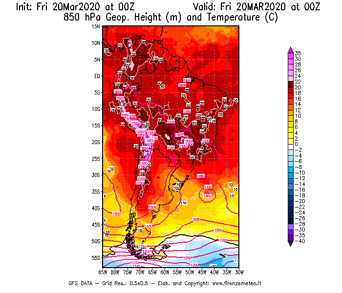 Mappa di analisi GFS - Geopotenziale [m] e Temperatura [°C] a 850 hPa in Sud-America
									del 20/03/2020 00 <!--googleoff: index-->UTC<!--googleon: index-->