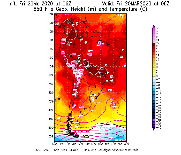 Mappa di analisi GFS - Geopotenziale [m] e Temperatura [°C] a 850 hPa in Sud-America
							del 20/03/2020 06 <!--googleoff: index-->UTC<!--googleon: index-->