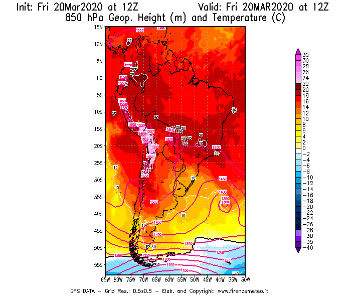 Mappa di analisi GFS - Geopotenziale [m] e Temperatura [°C] a 850 hPa in Sud-America
									del 20/03/2020 12 <!--googleoff: index-->UTC<!--googleon: index-->