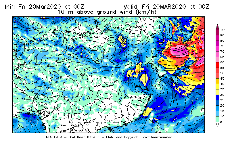 Mappa di analisi GFS - Velocità del vento a 10 metri dal suolo [km/h] in Asia Orientale
							del 20/03/2020 00 <!--googleoff: index-->UTC<!--googleon: index-->