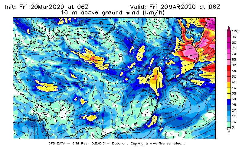 Mappa di analisi GFS - Velocità del vento a 10 metri dal suolo [km/h] in Asia Orientale
									del 20/03/2020 06 <!--googleoff: index-->UTC<!--googleon: index-->