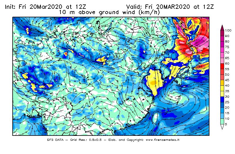 Mappa di analisi GFS - Velocità del vento a 10 metri dal suolo [km/h] in Asia Orientale
							del 20/03/2020 12 <!--googleoff: index-->UTC<!--googleon: index-->