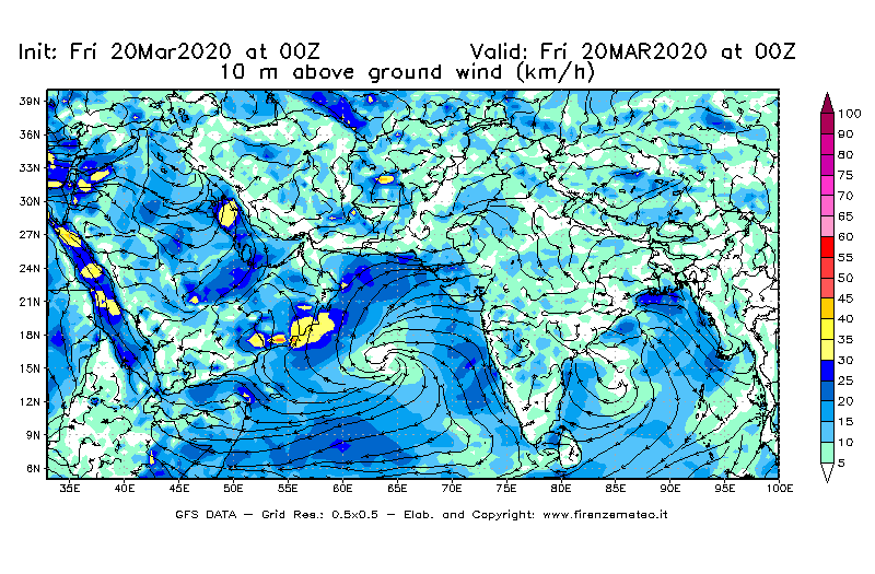 Mappa di analisi GFS - Velocità del vento a 10 metri dal suolo [km/h] in Asia Sud-Occidentale
							del 20/03/2020 00 <!--googleoff: index-->UTC<!--googleon: index-->