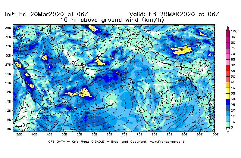 Mappa di analisi GFS - Velocità del vento a 10 metri dal suolo [km/h] in Asia Sud-Occidentale
									del 20/03/2020 06 <!--googleoff: index-->UTC<!--googleon: index-->