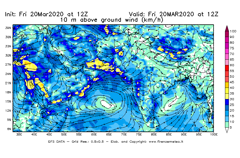 Mappa di analisi GFS - Velocità del vento a 10 metri dal suolo [km/h] in Asia Sud-Occidentale
									del 20/03/2020 12 <!--googleoff: index-->UTC<!--googleon: index-->