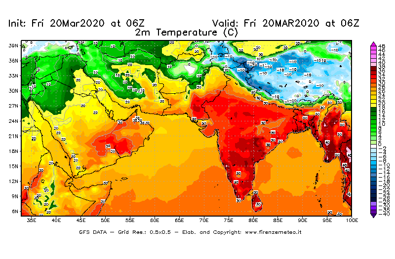 Mappa di analisi GFS - Temperatura a 2 metri dal suolo [°C] in Asia Sud-Occidentale
							del 20/03/2020 06 <!--googleoff: index-->UTC<!--googleon: index-->