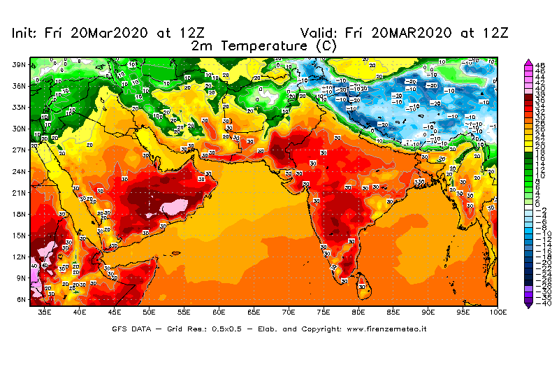 Mappa di analisi GFS - Temperatura a 2 metri dal suolo [°C] in Asia Sud-Occidentale
							del 20/03/2020 12 <!--googleoff: index-->UTC<!--googleon: index-->
