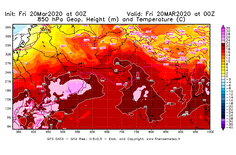 Mappa di analisi GFS - Geopotenziale [m] e Temperatura [°C] a 850 hPa in Asia Sud-Occidentale
							del 20/03/2020 00 <!--googleoff: index-->UTC<!--googleon: index-->