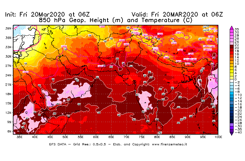 Mappa di analisi GFS - Geopotenziale [m] e Temperatura [°C] a 850 hPa in Asia Sud-Occidentale
							del 20/03/2020 06 <!--googleoff: index-->UTC<!--googleon: index-->