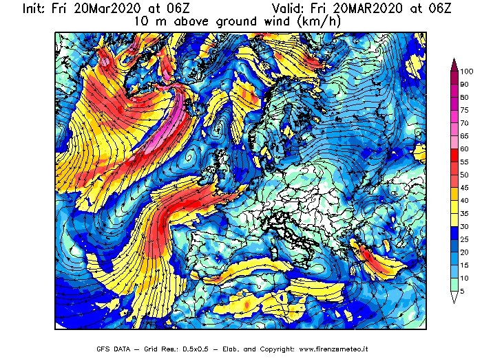 Mappa di analisi GFS - Velocità del vento a 10 metri dal suolo [km/h] in Europa
							del 20/03/2020 06 <!--googleoff: index-->UTC<!--googleon: index-->