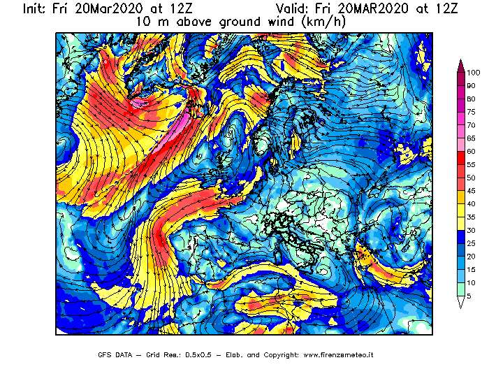Mappa di analisi GFS - Velocità del vento a 10 metri dal suolo [km/h] in Europa
							del 20/03/2020 12 <!--googleoff: index-->UTC<!--googleon: index-->