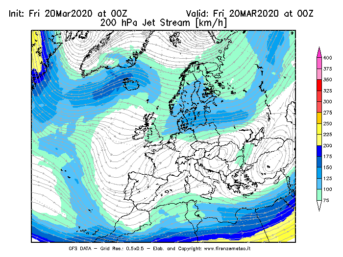 Mappa di analisi GFS - Jet Stream a 200 hPa in Europa
							del 20/03/2020 00 <!--googleoff: index-->UTC<!--googleon: index-->