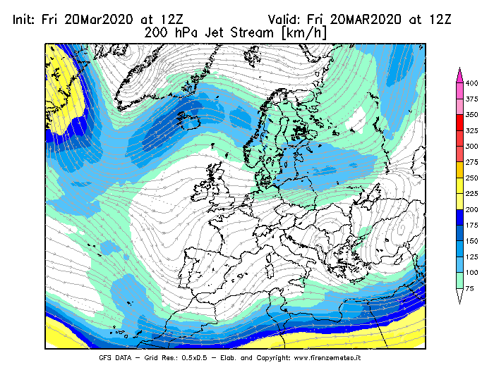 Mappa di analisi GFS - Jet Stream a 200 hPa in Europa
							del 20/03/2020 12 <!--googleoff: index-->UTC<!--googleon: index-->