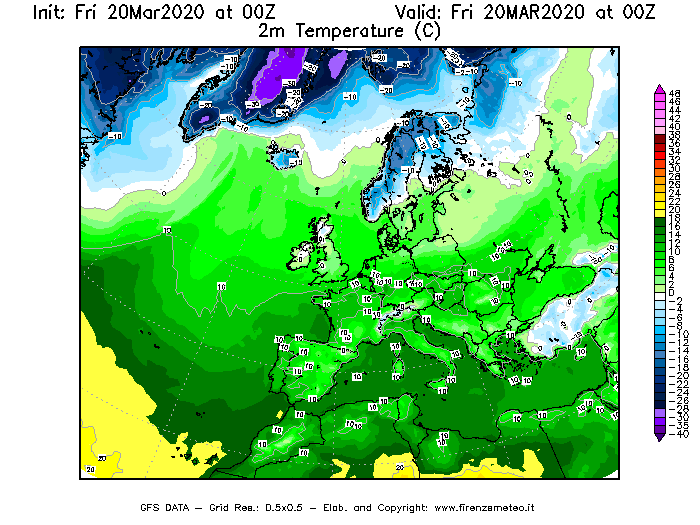 Mappa di analisi GFS - Temperatura a 2 metri dal suolo [°C] in Europa
									del 20/03/2020 00 <!--googleoff: index-->UTC<!--googleon: index-->