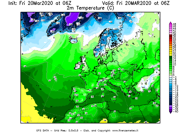 Mappa di analisi GFS - Temperatura a 2 metri dal suolo [°C] in Europa
							del 20/03/2020 06 <!--googleoff: index-->UTC<!--googleon: index-->
