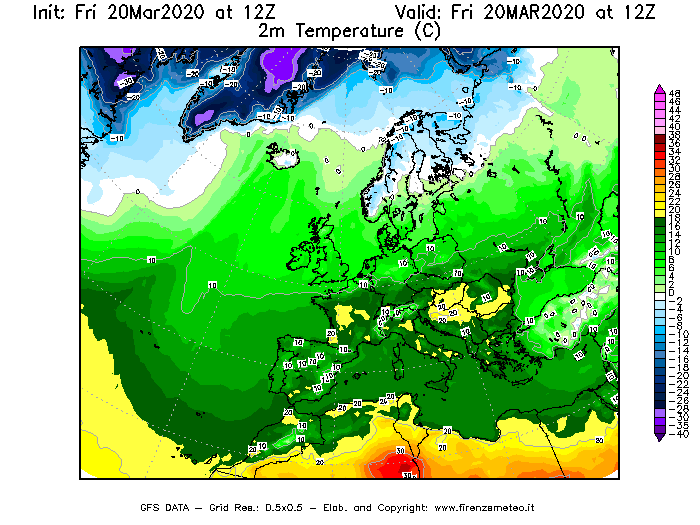 Mappa di analisi GFS - Temperatura a 2 metri dal suolo [°C] in Europa
									del 20/03/2020 12 <!--googleoff: index-->UTC<!--googleon: index-->