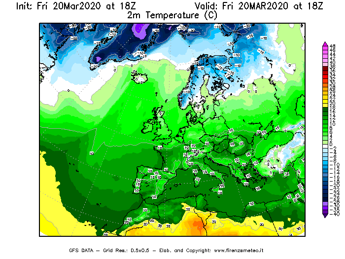 Mappa di analisi GFS - Temperatura a 2 metri dal suolo [°C] in Europa
							del 20/03/2020 18 <!--googleoff: index-->UTC<!--googleon: index-->
