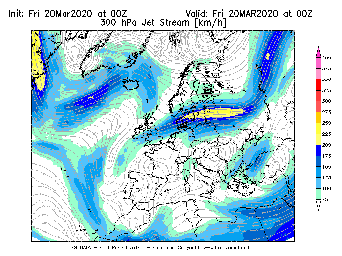 Mappa di analisi GFS - Jet Stream a 300 hPa in Europa
									del 20/03/2020 00 <!--googleoff: index-->UTC<!--googleon: index-->