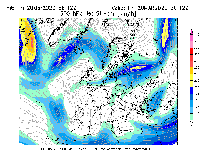 Mappa di analisi GFS - Jet Stream a 300 hPa in Europa
							del 20/03/2020 12 <!--googleoff: index-->UTC<!--googleon: index-->