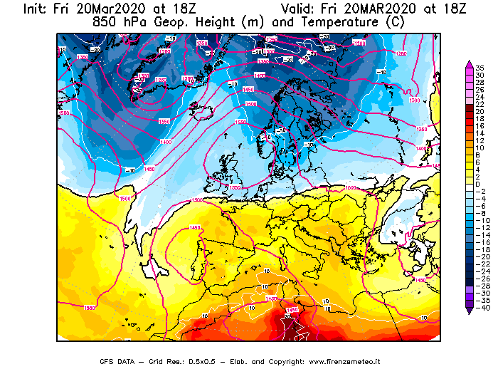 Mappa di analisi GFS - Geopotenziale [m] e Temperatura [°C] a 850 hPa in Europa
									del 20/03/2020 18 <!--googleoff: index-->UTC<!--googleon: index-->