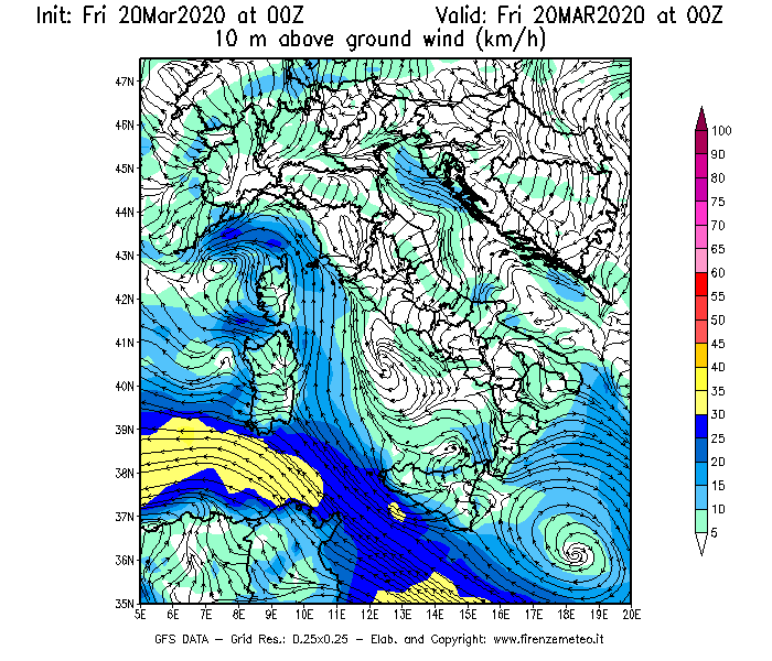 Mappa di analisi GFS - Velocità del vento a 10 metri dal suolo [km/h] in Italia
									del 20/03/2020 00 <!--googleoff: index-->UTC<!--googleon: index-->