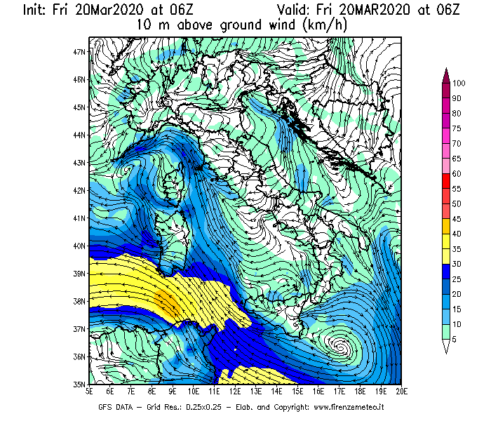 Mappa di analisi GFS - Velocità del vento a 10 metri dal suolo [km/h] in Italia
									del 20/03/2020 06 <!--googleoff: index-->UTC<!--googleon: index-->