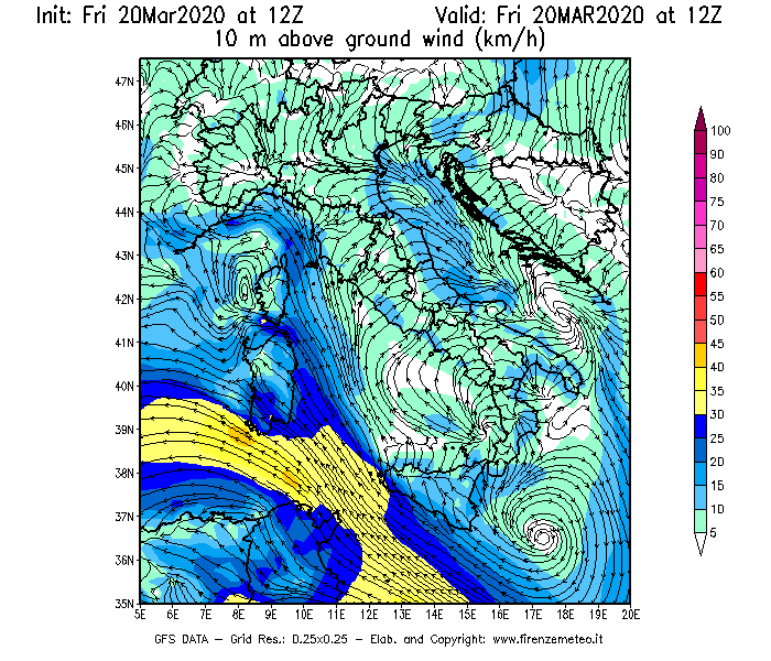 Mappa di analisi GFS - Velocità del vento a 10 metri dal suolo [km/h] in Italia
									del 20/03/2020 12 <!--googleoff: index-->UTC<!--googleon: index-->