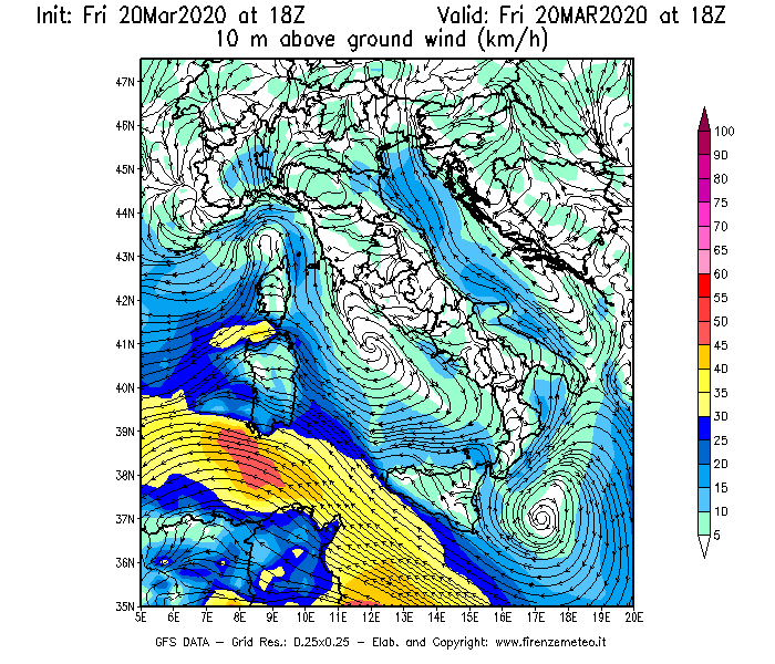 Mappa di analisi GFS - Velocità del vento a 10 metri dal suolo [km/h] in Italia
									del 20/03/2020 18 <!--googleoff: index-->UTC<!--googleon: index-->