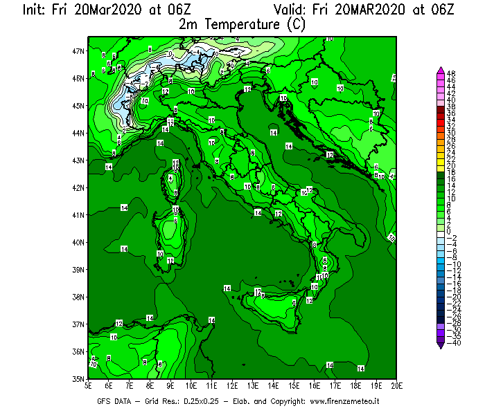 Mappa di analisi GFS - Temperatura a 2 metri dal suolo [°C] in Italia
									del 20/03/2020 06 <!--googleoff: index-->UTC<!--googleon: index-->