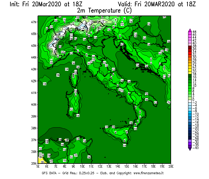 Mappa di analisi GFS - Temperatura a 2 metri dal suolo [°C] in Italia
									del 20/03/2020 18 <!--googleoff: index-->UTC<!--googleon: index-->