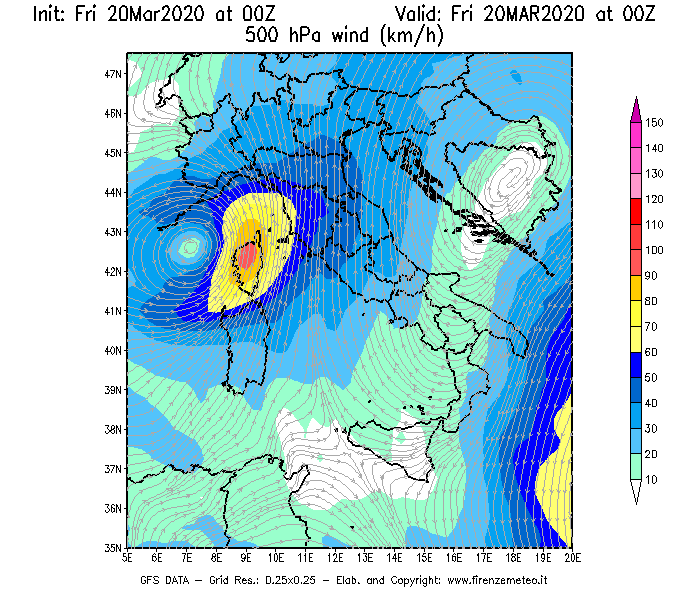 Mappa di analisi GFS - Velocità del vento a 500 hPa [km/h] in Italia
									del 20/03/2020 00 <!--googleoff: index-->UTC<!--googleon: index-->
