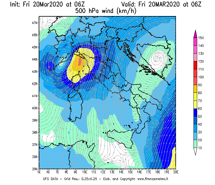 Mappa di analisi GFS - Velocità del vento a 500 hPa [km/h] in Italia
									del 20/03/2020 06 <!--googleoff: index-->UTC<!--googleon: index-->
