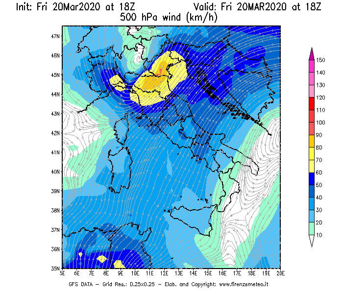 Mappa di analisi GFS - Velocità del vento a 500 hPa [km/h] in Italia
									del 20/03/2020 18 <!--googleoff: index-->UTC<!--googleon: index-->