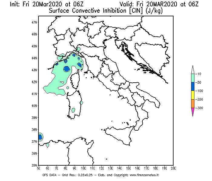 Mappa di analisi GFS - CIN [J/kg] in Italia
									del 20/03/2020 06 <!--googleoff: index-->UTC<!--googleon: index-->