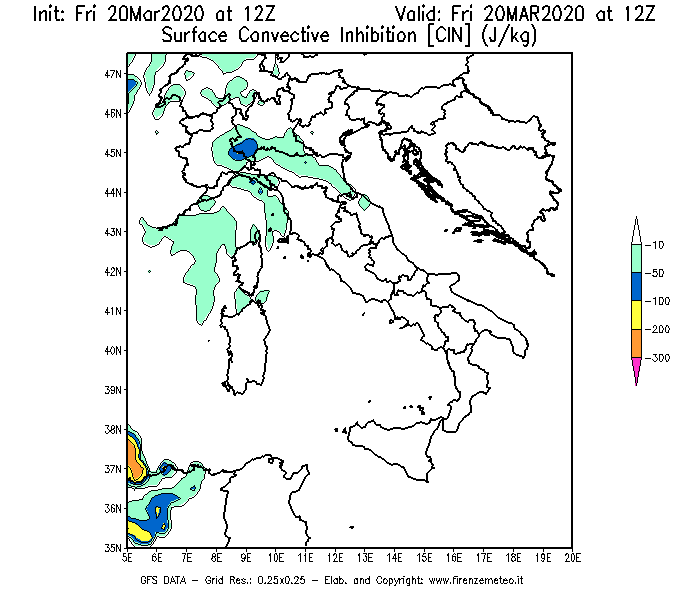 Mappa di analisi GFS - CIN [J/kg] in Italia
									del 20/03/2020 12 <!--googleoff: index-->UTC<!--googleon: index-->