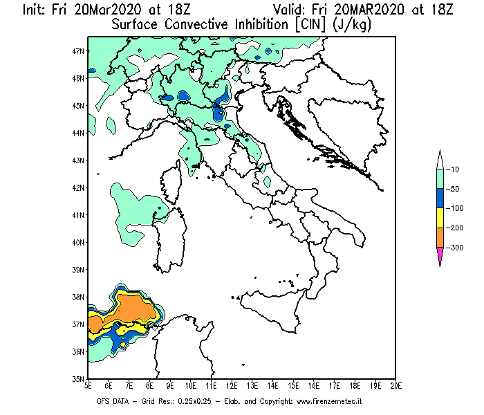 Mappa di analisi GFS - CIN [J/kg] in Italia
							del 20/03/2020 18 <!--googleoff: index-->UTC<!--googleon: index-->