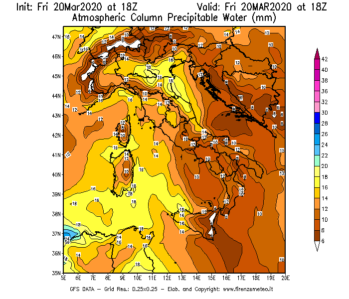 Mappa di analisi GFS - Precipitable Water [mm] in Italia
							del 20/03/2020 18 <!--googleoff: index-->UTC<!--googleon: index-->
