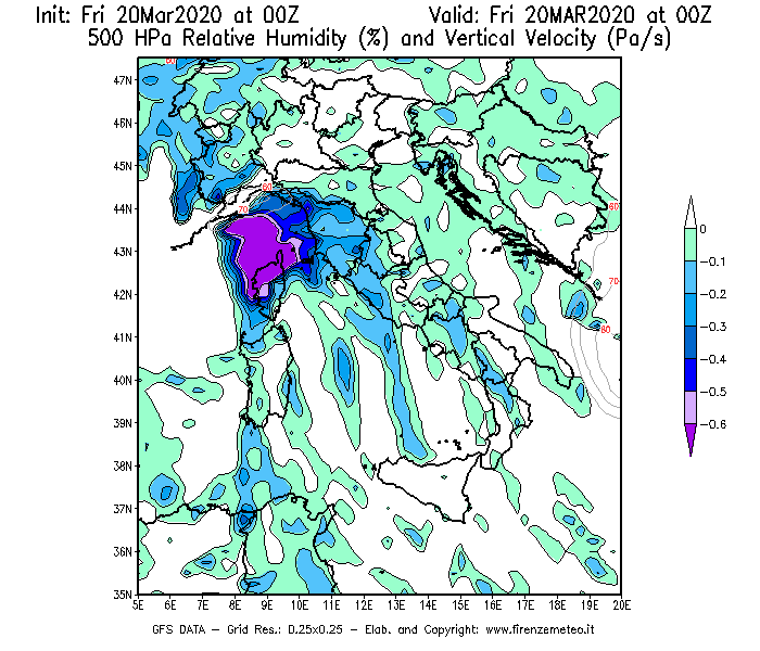 Mappa di analisi GFS - Umidità relativa [%] e Omega [Pa/s] a 500 hPa in Italia
									del 20/03/2020 00 <!--googleoff: index-->UTC<!--googleon: index-->