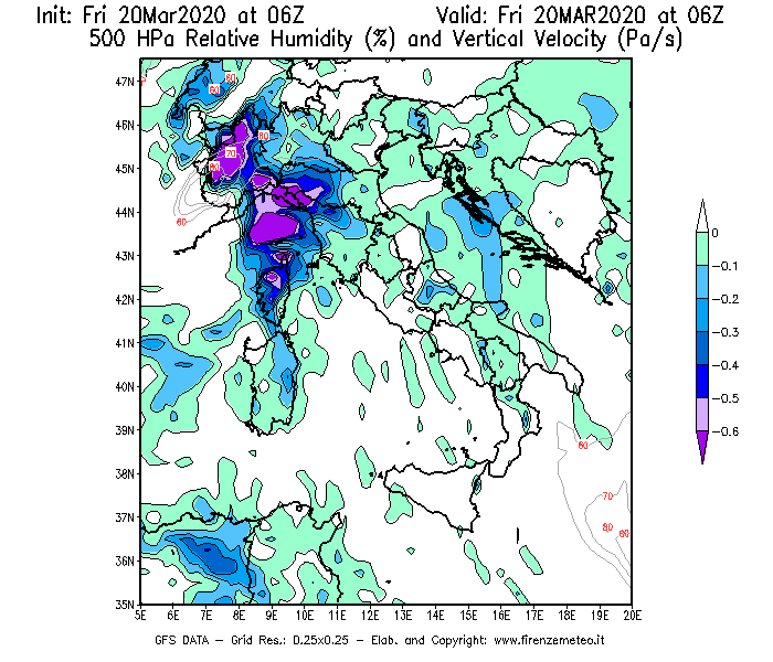 Mappa di analisi GFS - Umidità relativa [%] e Omega [Pa/s] a 500 hPa in Italia
									del 20/03/2020 06 <!--googleoff: index-->UTC<!--googleon: index-->