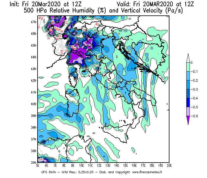 Mappa di analisi GFS - Umidità relativa [%] e Omega [Pa/s] a 500 hPa in Italia
							del 20/03/2020 12 <!--googleoff: index-->UTC<!--googleon: index-->