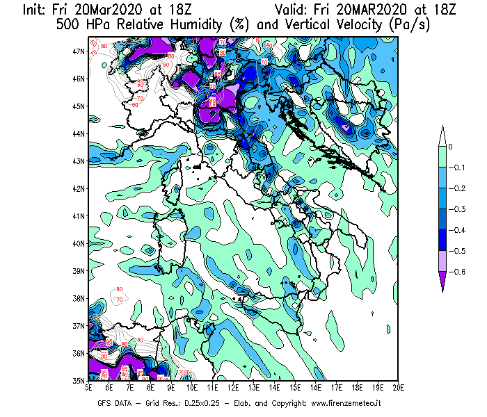 Mappa di analisi GFS - Umidità relativa [%] e Omega [Pa/s] a 500 hPa in Italia
							del 20/03/2020 18 <!--googleoff: index-->UTC<!--googleon: index-->