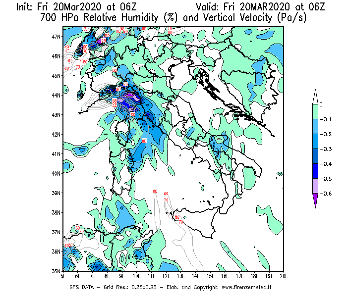 Mappa di analisi GFS - Umidità relativa [%] e Omega [Pa/s] a 700 hPa in Italia
									del 20/03/2020 06 <!--googleoff: index-->UTC<!--googleon: index-->