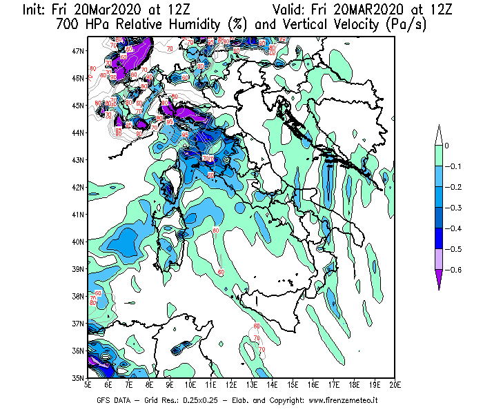 Mappa di analisi GFS - Umidità relativa [%] e Omega [Pa/s] a 700 hPa in Italia
									del 20/03/2020 12 <!--googleoff: index-->UTC<!--googleon: index-->