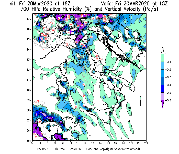 Mappa di analisi GFS - Umidità relativa [%] e Omega [Pa/s] a 700 hPa in Italia
									del 20/03/2020 18 <!--googleoff: index-->UTC<!--googleon: index-->