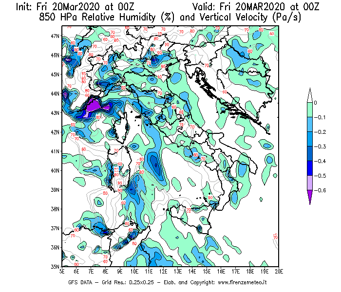 Mappa di analisi GFS - Umidità relativa [%] e Omega [Pa/s] a 850 hPa in Italia
									del 20/03/2020 00 <!--googleoff: index-->UTC<!--googleon: index-->
