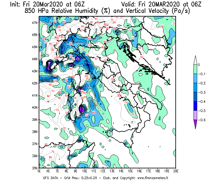 Mappa di analisi GFS - Umidità relativa [%] e Omega [Pa/s] a 850 hPa in Italia
									del 20/03/2020 06 <!--googleoff: index-->UTC<!--googleon: index-->