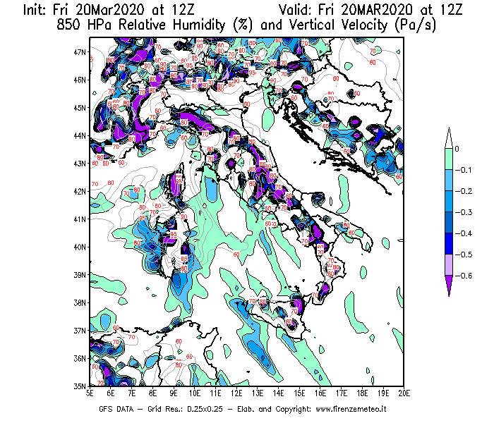 Mappa di analisi GFS - Umidità relativa [%] e Omega [Pa/s] a 850 hPa in Italia
							del 20/03/2020 12 <!--googleoff: index-->UTC<!--googleon: index-->