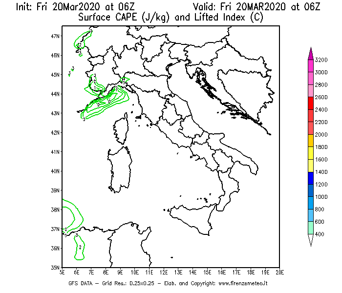 Mappa di analisi GFS - CAPE [J/kg] e Lifted Index [°C] in Italia
							del 20/03/2020 06 <!--googleoff: index-->UTC<!--googleon: index-->